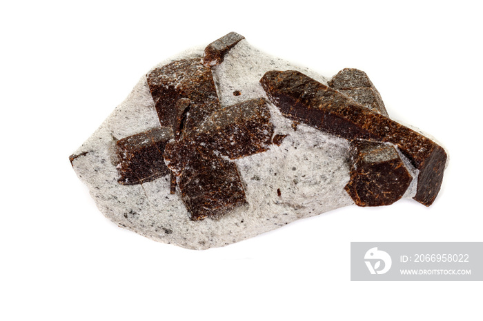 macro mineral stone Staurolite on a white background