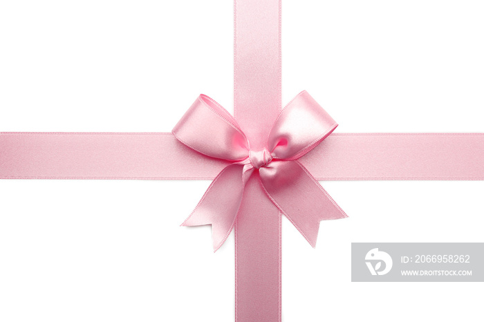 Pink ribbon bow on white background