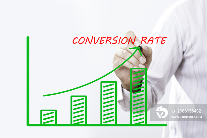 CONVERSION RATE  text with hand of young businessman point on v