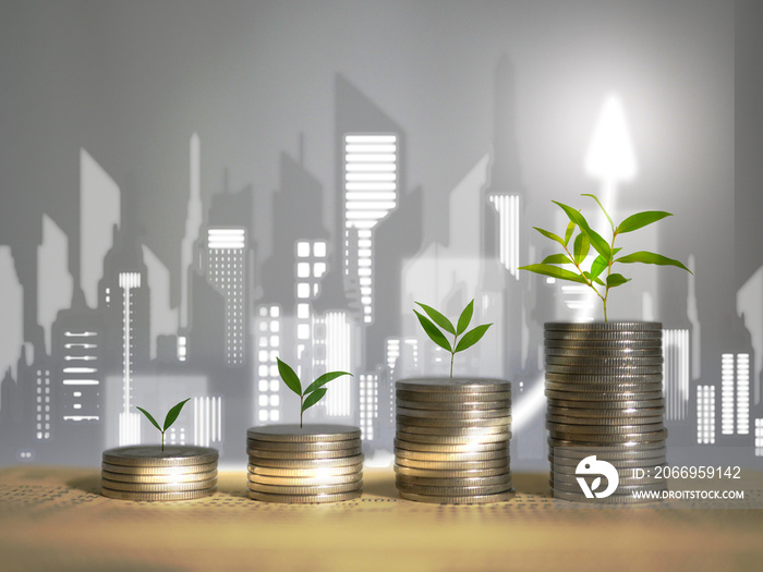 Stacks of coins, money, with plants sprouting on top and city background. Investment saving progress. Wealth growing step by step. Finane and accounting concept.