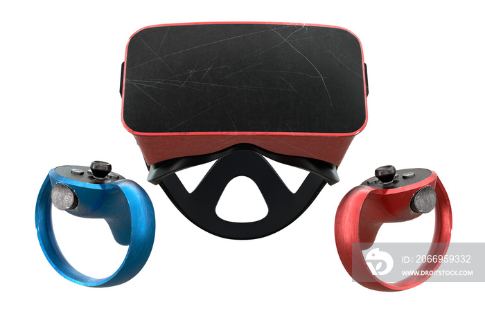 Used virtual reality glasses and controllers with scratches for online gaming