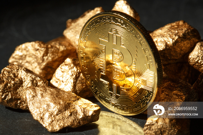 Golden Bitcoin Coin and mound of gold. Bitcoin cryptocurrency.