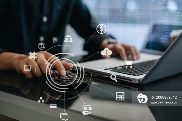 Businessman calculating online stock trading Stock brokers looking at graphs, indices and numbers on tablets and laptops. business success concept.