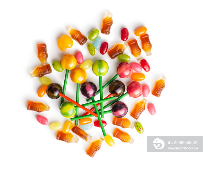 Various colorful candies. Lollipops, jelly beans and gummy bonbons.