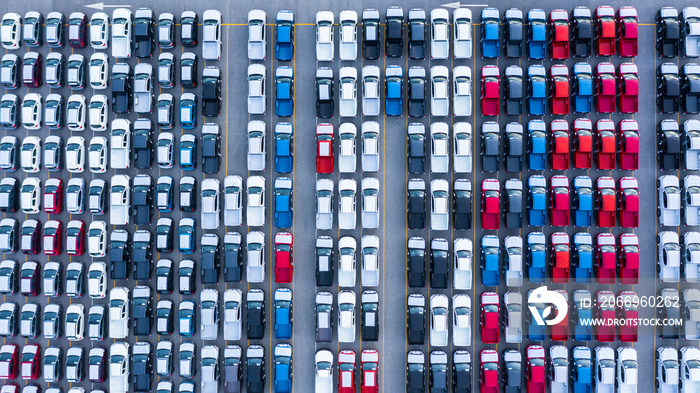 Aerial view new cars for sale stock lot row, New  Cars dealer inventory import export business logistic global.