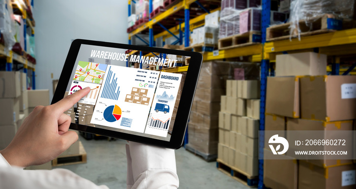 Warehouse management innovative software in computer for real time monitoring of goods package delivery . Computer screen showing smart inventory dashboard for storage and supply chain distribution .