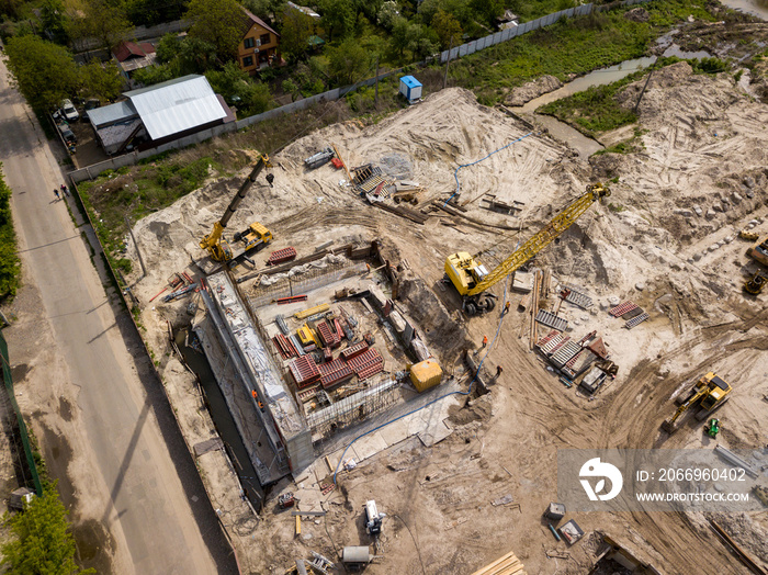 Aerial drone view. Bridge construction site in Kiev.