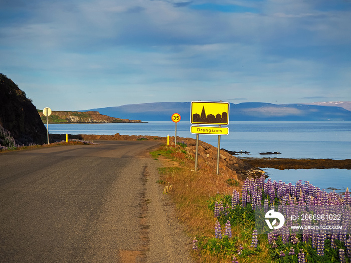 Dirt road and sign at Drangsnes in the Westfjords of Iceland