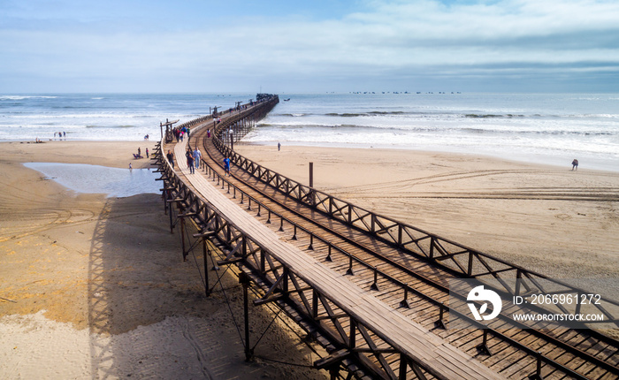 Pimentel, Chiclayo, Peru: Aerial view of the Pimentel pier, the longest in Peru