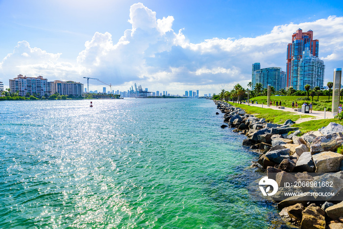 South Pointe Park and Pier at South Beach of Miami Beach. Paradise and tropical coast of Florida. USA.