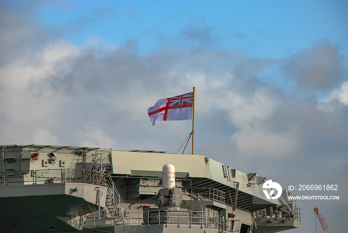 The Royal Navy aircraft carrier HMS Queen Elizabeth (RO8) docked in Portsmouth, UK