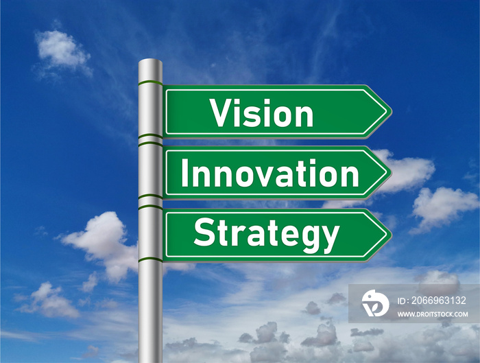 Vision, innovation, strategy, green signs, road sign, opposite sign