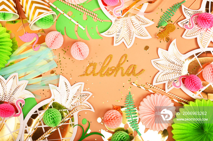 Festive background. Tropical theme. Hawaii. Party, birthday. View from above. Flat lay.