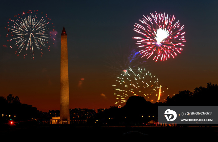 American patriotic holiday Fireworks display on 4th July Independence Day in the Washington Monument in Washington DC