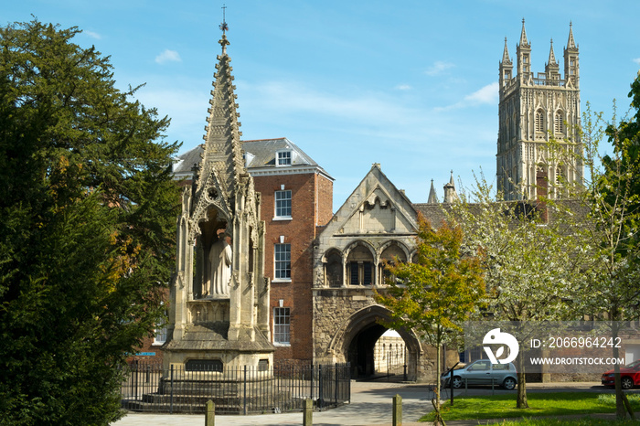 Picturesque old buildings around St Marys Gate near Gloucester Cathedral in spring sunshine, Gloucestershire, UK.