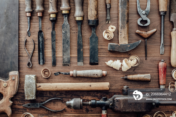 Vintage woodworking tools on the workbench