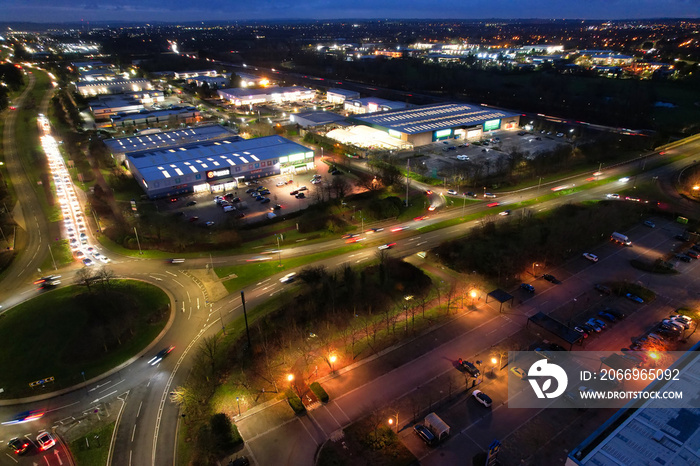 Beautiful Aerial view of Central Milton Keynes City of England and Illuminated Building with Road and Traffic During Night