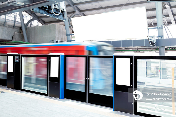 Blank signboard and billboard displaying advertisements in subway train station. It is direction signage mock up for information public travel and transportation.