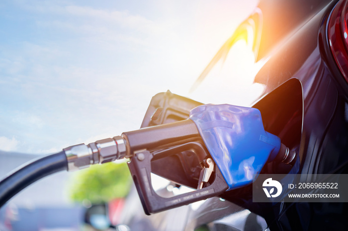 Pumping gasoline fuel in black car at gas station