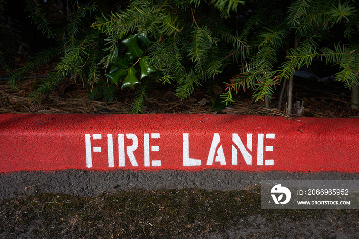 Painted fire lane curb markings.