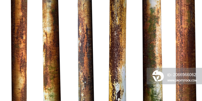 set of metal  pipes with rust isolated on white background