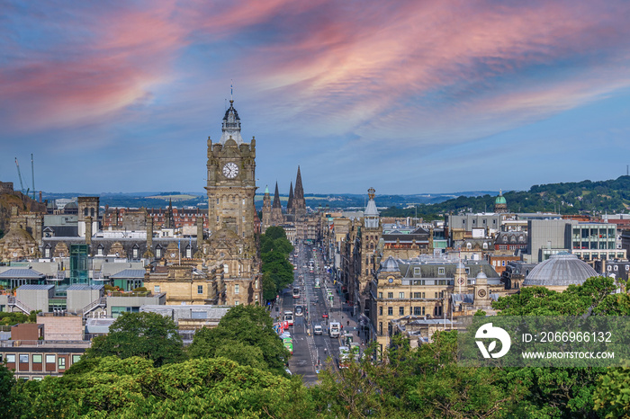 View Over Princess Street and the City of Edinburgh in Scotland from Carlton Hill at sunrise.