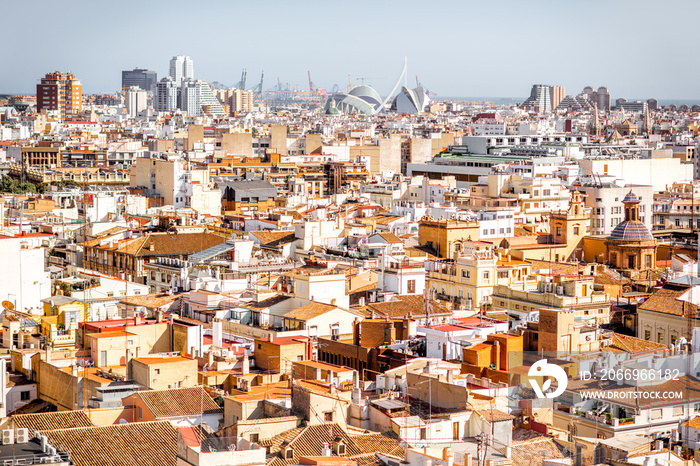 Top cityscape view on the old town and city of arts and sciences complex on the horizon in Valencia during the sunny day in Spain