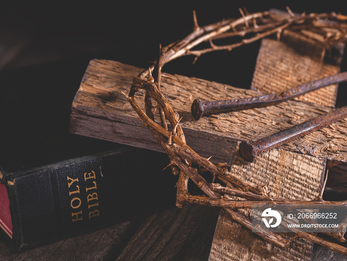 Cross and Crown of Thorns With Holy Bible