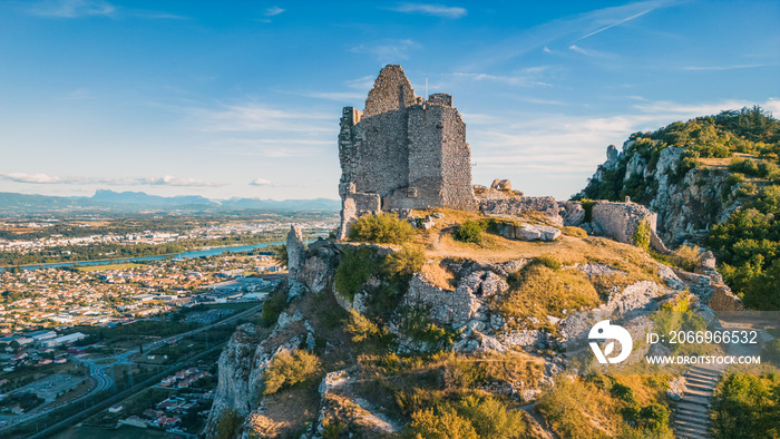 Castle de Crussol - is a mostly-ruined 12th century limestone castle in the commune of Saint-Péray that dominates the valley of Rhône, just opposite Valence in the Ardèche département, Rhône-Alpes