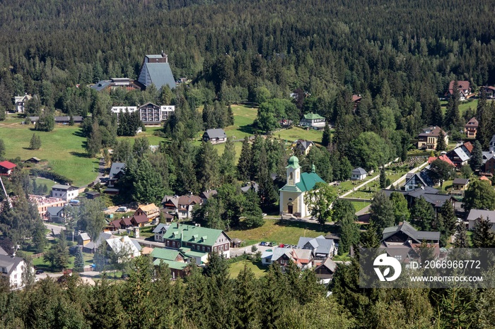 Landscape with buildings of Harrachov town which is popular place in Giant Mountains (Krkonose)