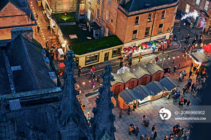 Aerial view of historic Christmas Market in Bath Spa from Bath Abbey