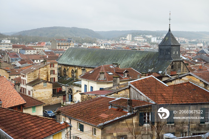 Panoramic aerial view (cityscape) of Bar-le-Duc, France. Atmospheric urban scene. Exterior of traditional church and houses. Landmarks, sightseeing, travel guide, architecture, culture, religion