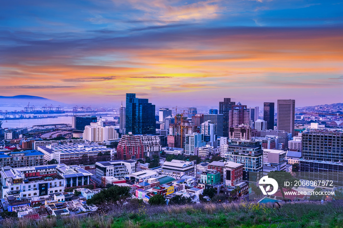 Cape Town City CBD skyline and golden clouds twilight