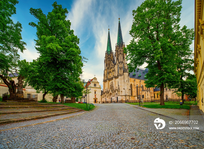 Scenic view of Wenceslas square with Saint Wenceslas Cathedral and Church of Saint Anne in Olomouc, Czech Republic