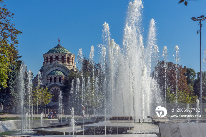 Fountain in the center of City of Pleven and St. George the Conqueror Chapel Mausoleum, Bulgaria