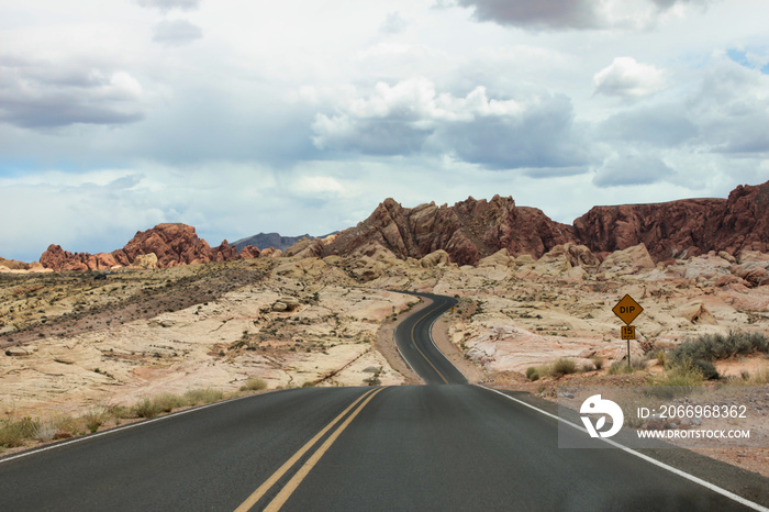 Driving in windy desert roads of Nevada, Valley of Fire State Park