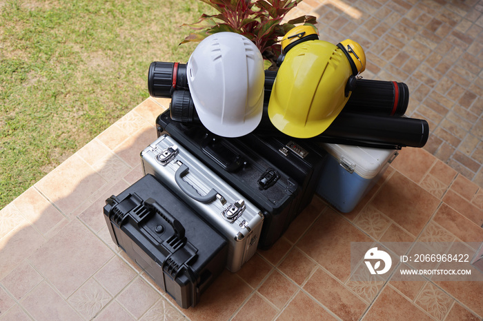 Engineering equipment in hard case preparing to work outdoor at industrial site line