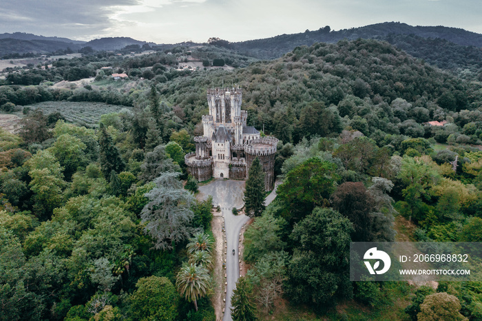 Aerial view of Butron Castle, Basque Country, Spain