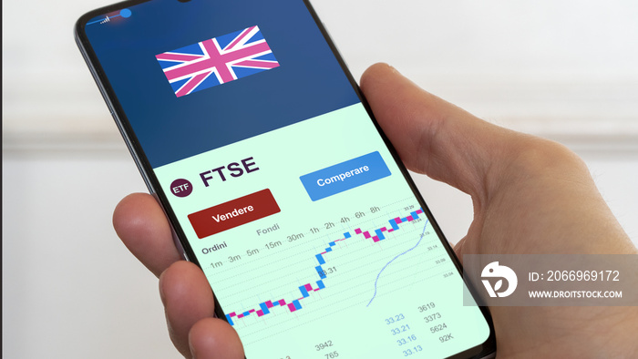 Investi in un ETF inglese FTSE. Fundo FTSE, indice britannico. Borsa inglese, Inghilterra. Testo in italiano.