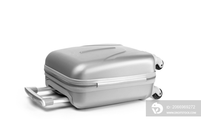 Travel suitcase isolated. Silver plastic luggage or vacation bag