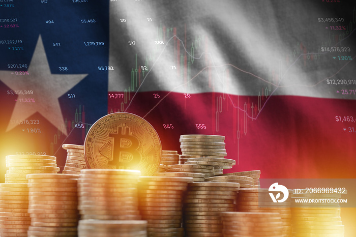 Texas US state flag and big amount of golden bitcoin coins and trading platform chart. Crypto currency concept