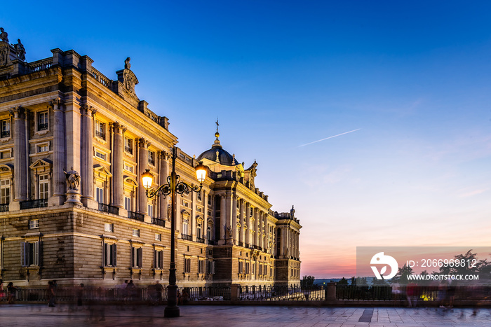 Royal Palace in Madrid, Spain, at sunset