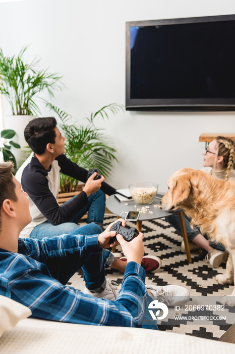 boys playing video game using tv flat screen