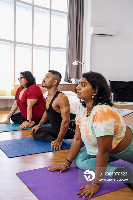 Group of friends meditating and doing yoga at home