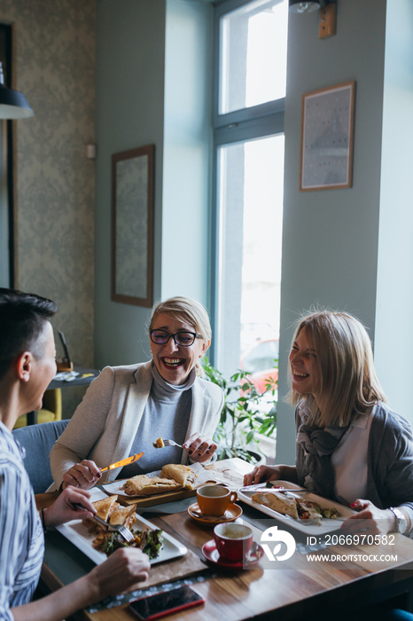 women friends having lunch break in restaurant,