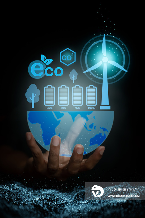 Renewable energy technology, environmental, social and governance (ESG) concepts, conservation of nature and solving environmental, social and management problems with icons.