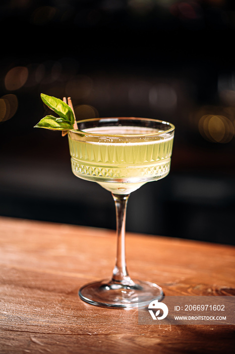 Elegant sour cocktail in a fancy glass with basil leaves