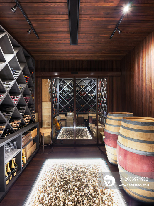 Wine cellar with wine bottle and glasses