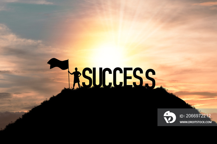 Silhouette business man standing and holding flag with success wording on the top of mountain, business success and achievement objective target concept.