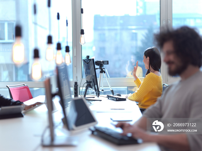 business woman have online meeting in modern open space coworking office